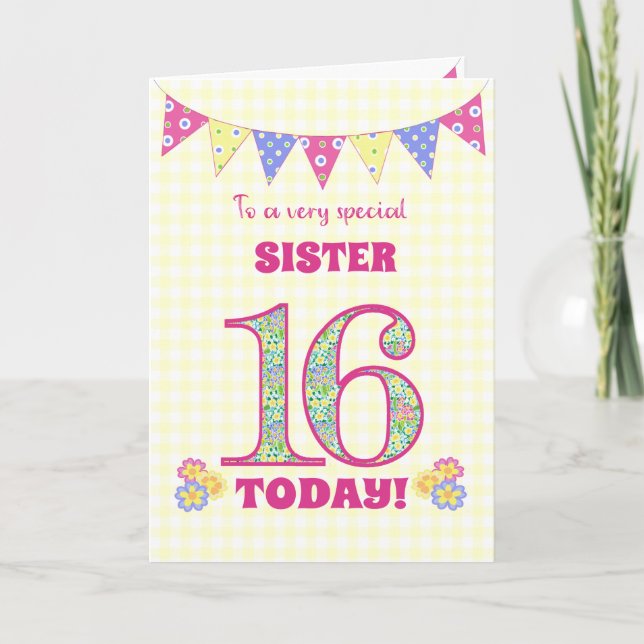 For Sister 16th Birthday Primroses Bunting Card (Front)