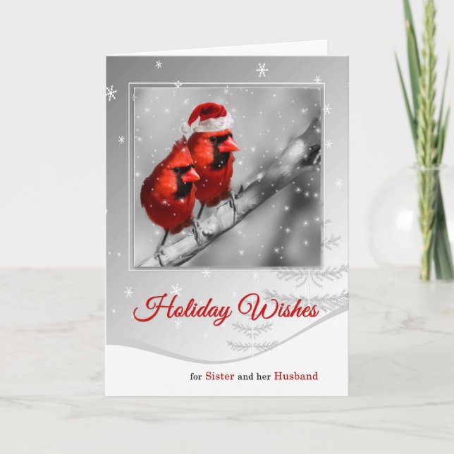 for Sister and Husband Christmas Red Lovebirds Holiday Card (Front)