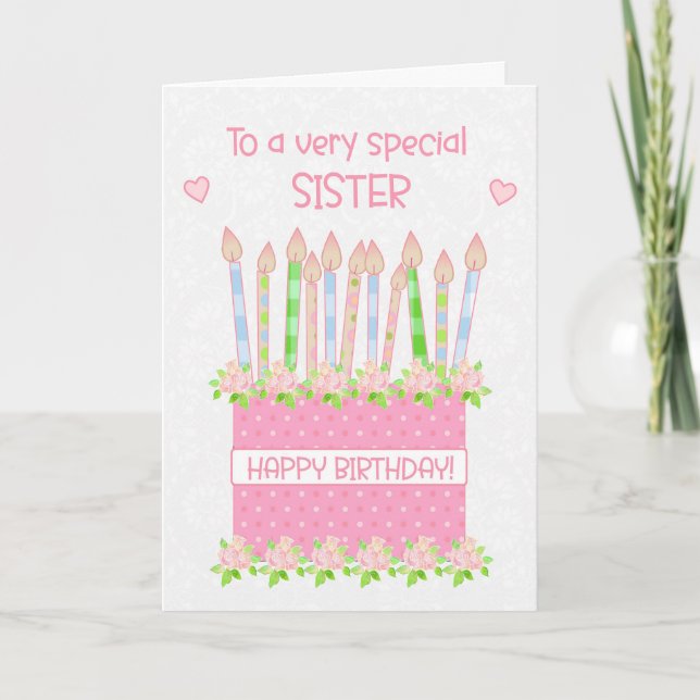 For Sister Birthday Cake Hearts and Roses Card (Front)