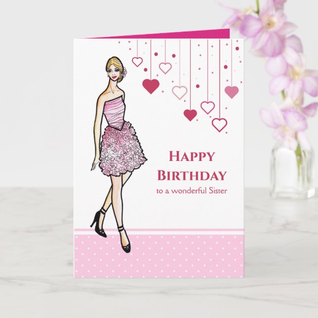 For Sister on Birthday Girl with Pink Roses Dress Card (Orchid)