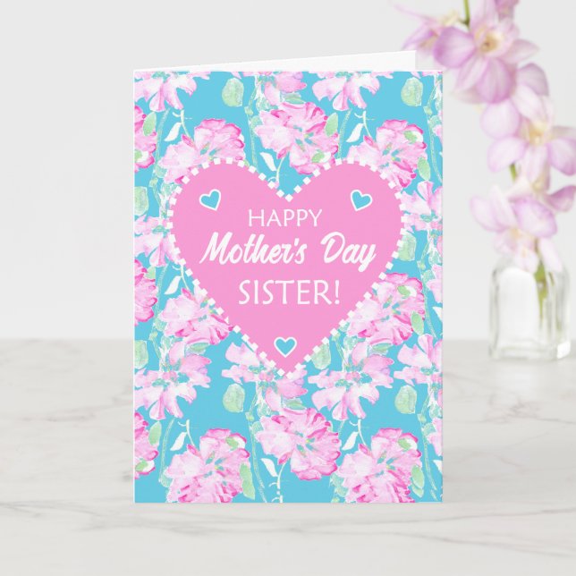 For Sister on Mothers Day Pink Roses on Blue Card (Orchid)