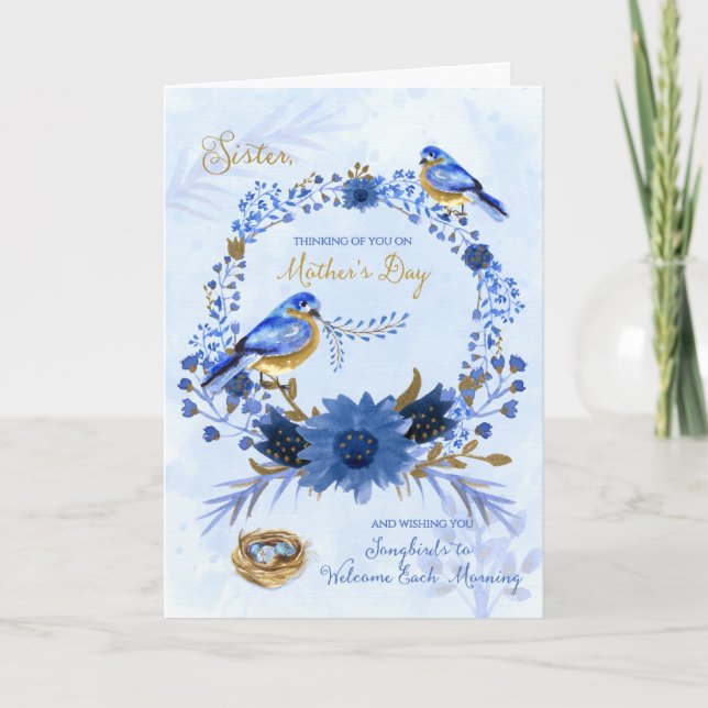 for Sister on Mother's Day Watercolor Bluebirds Card (Front)