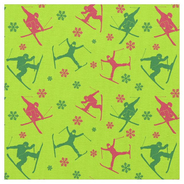 For Skiers Ski Tricks Pattern Lime Green Christmas Fabric (Close Up)