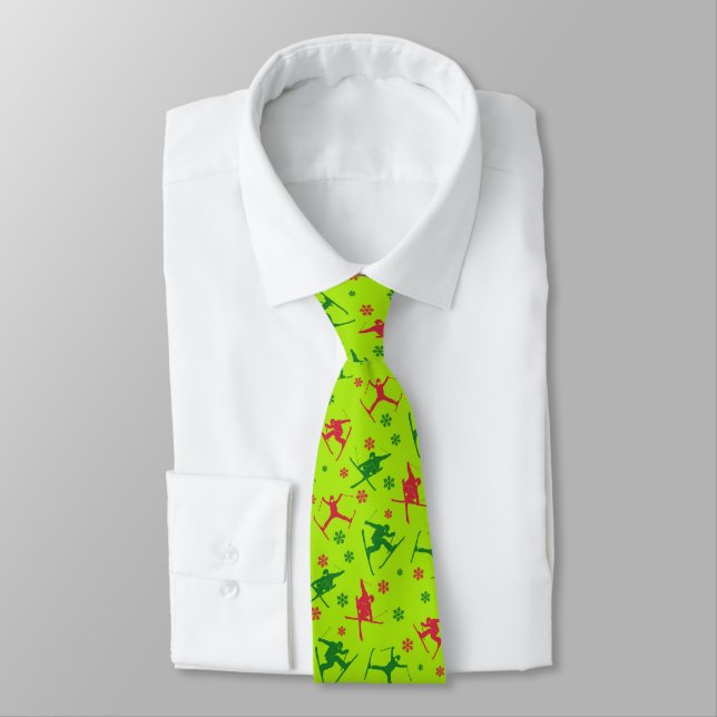 For Skiers Ski Tricks Pattern Lime Green Christmas Tie (Tied)