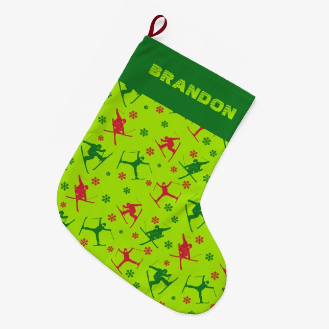 For Skiers Ski Tricks Pattern Lime Green Large Christmas Stocking (Front (Hanging))