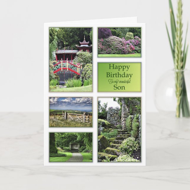 For Son, a birthday card with garden views (Front)