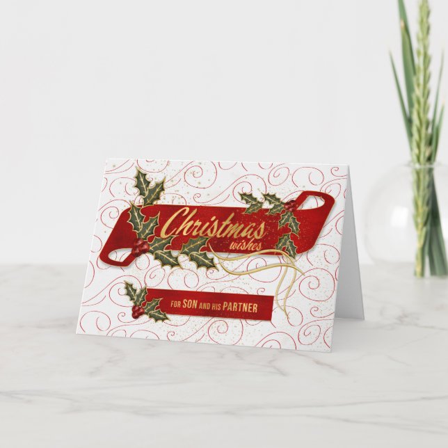 for Son and His Partner Christmas Holly Berries Holiday Card (Front)