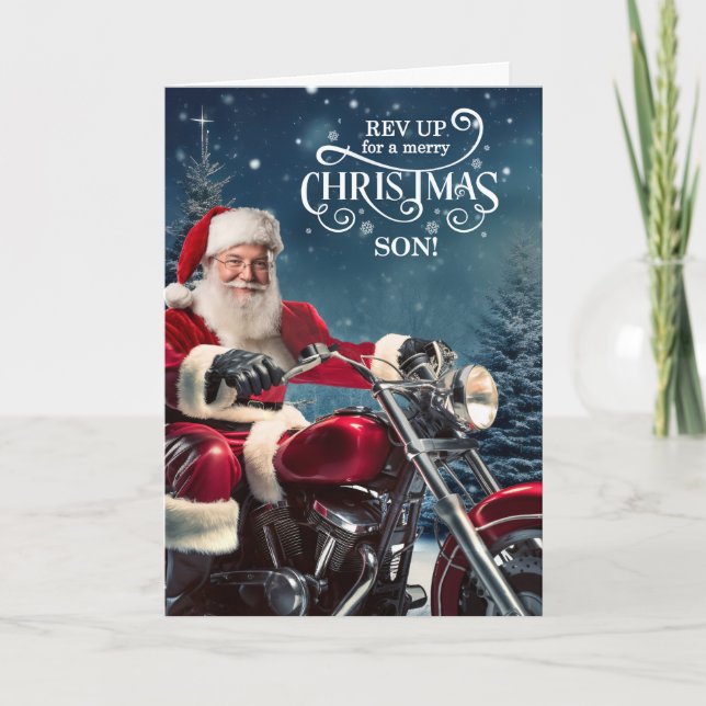 for Son Biker Santa Christmas with Winter Pines Holiday Card (Front)