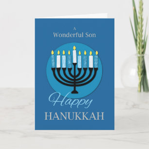For Son Hanukkah Menorah on Dark Blue Card