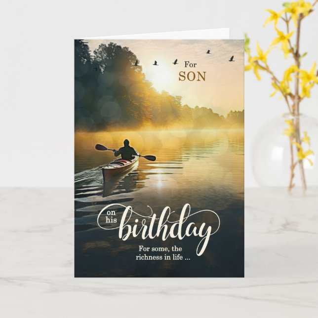 For Son on His Birthday Rowing Kayak on Lake Card (Yellow Flower)