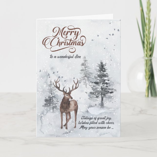 for Son Reindeer in a Snowy Forest Christmas Holiday Card (Front)