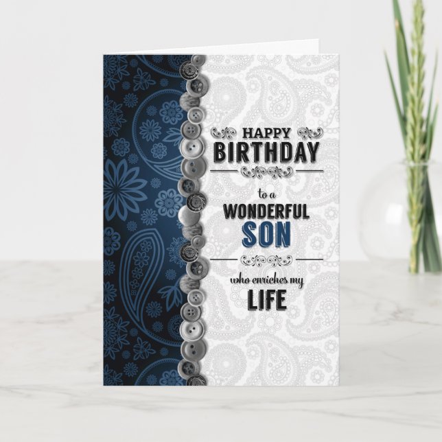 for Son's Birthday Blue Paisley with Buttons Card (Front)