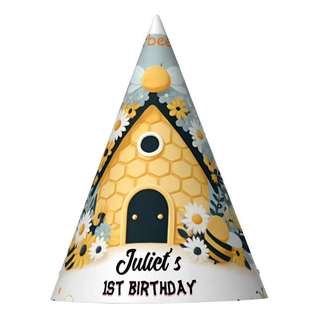 for spring daisy Yellow first 1st bee day birthday Party Hat (Front)