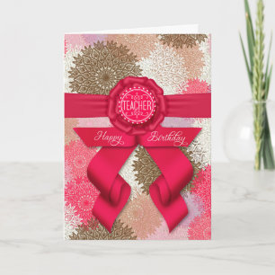 for Teacher Deep Rose Pink Ribbon Birthday Card