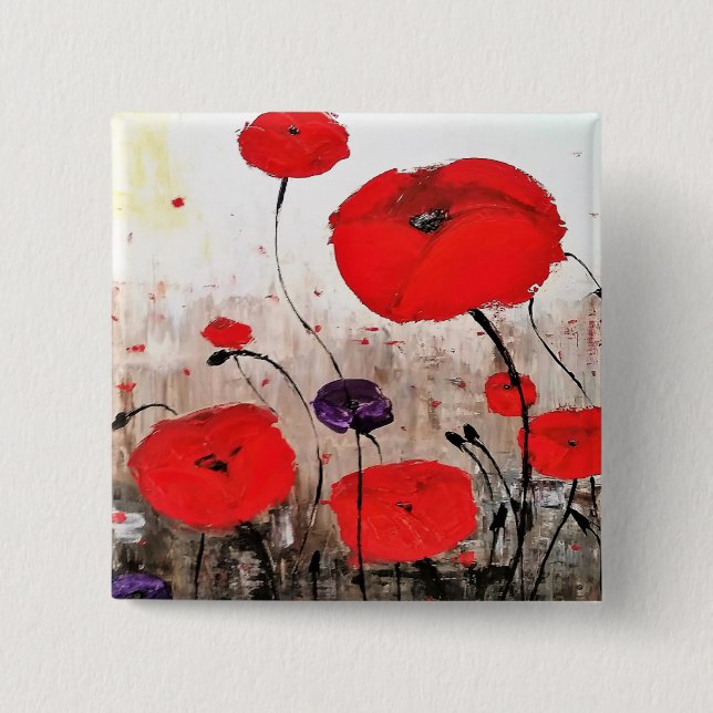 'For the Fallen" Square Button / Badge Red Poppy (Front)