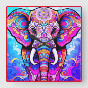 For the Nursery a Colorful Elephant on a Charming Square Wall Clock