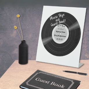 For the Record Vinyl Black and White Guest Book Pedestal Sign