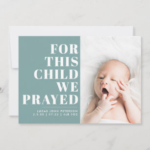 For This Child We Prayed Teal Blue Photo Birth Announcement