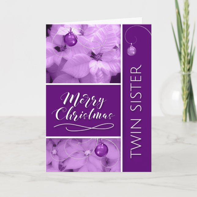for Twin Sister Christmas Purple Poinsetta Holiday Card (Front)