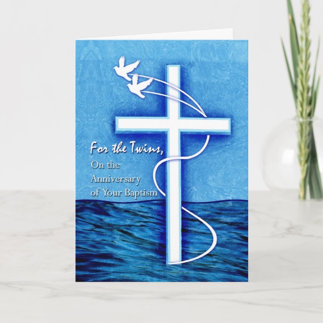 For Twins Anniversary of Baptism Dove and Cross Card (Front)