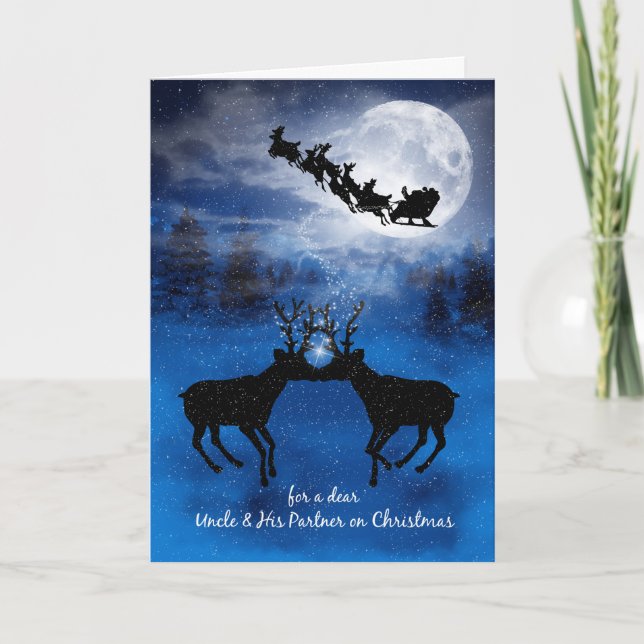 for Uncle and Partner Kissing Reindeer Christmas Holiday Card (Front)