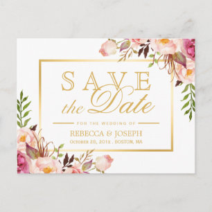 (for USPS) Elegant Pink Floral Gold Save the Date Announcement Postcard