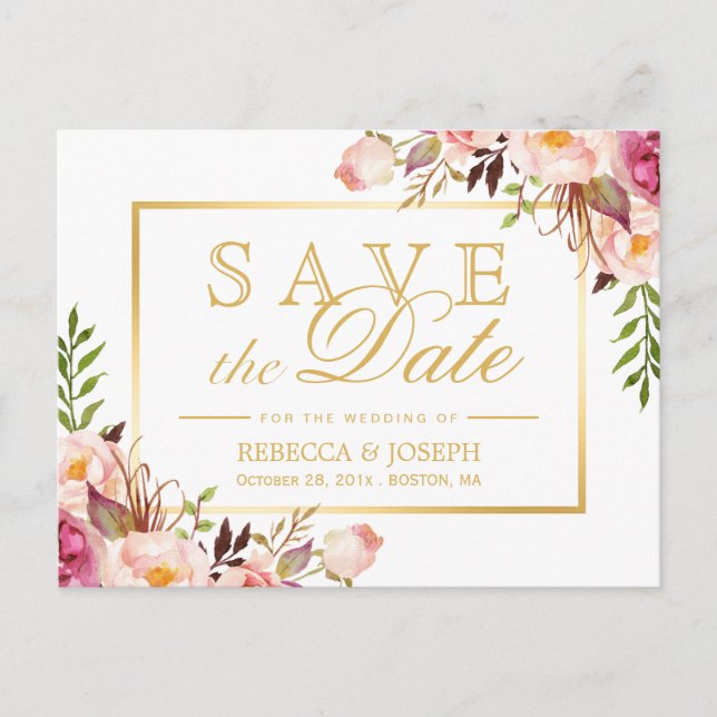 (for USPS) Elegant Pink Floral Gold Save the Date Announcement Postcard (Front)