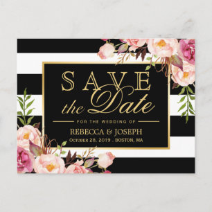 (for USPS) Gold Floral Black Stripes Save the Date Announcement Postcard
