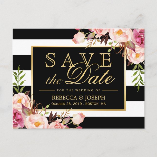 (for USPS) Gold Floral Black Stripes Save the Date Announcement Postcard (Front)