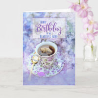 for Wife Cup of Tea and Purple Flowers Birthday