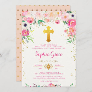 Foral and Gold Cross Christening Invitation