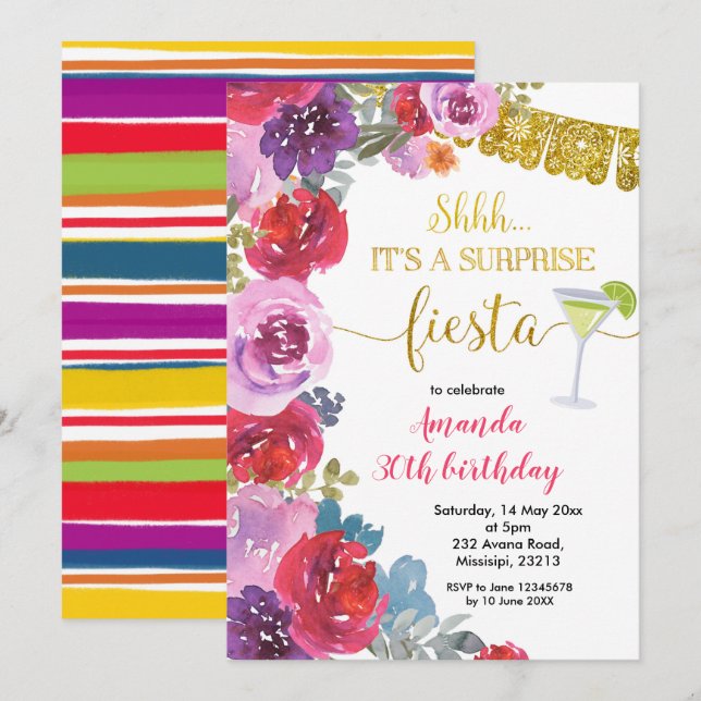 Foral Surprise Fiesta Birthday Invitation (Front/Back)