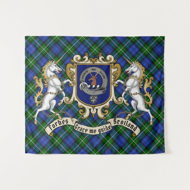 Forbes Clan Badge & Unicorns w/Tartan  Tapestry (Front (Horizontal))