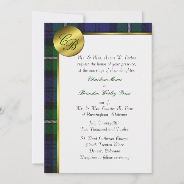 Forbes Plaid Monogram Wedding Invitation (Front)