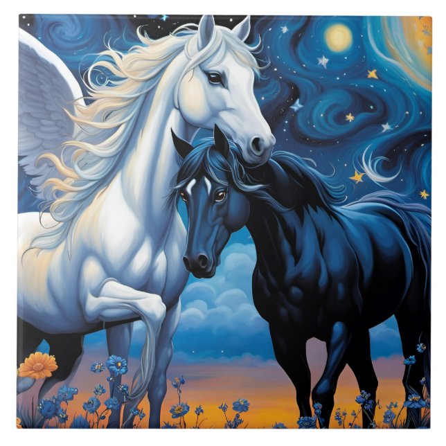 Forbidden Love. Pegasus and Horse in flowers Tile (Front)
