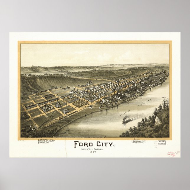 Ford City Pennsylvania 1896 Antique Panoramic Map Poster (Front)