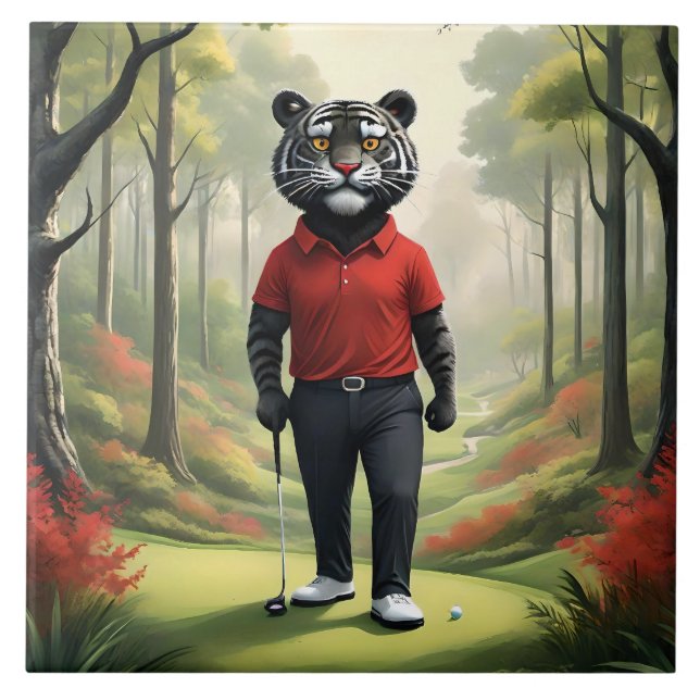 "Fore! A Black Tiger Playing Golf in the Woods" Tile (Front)