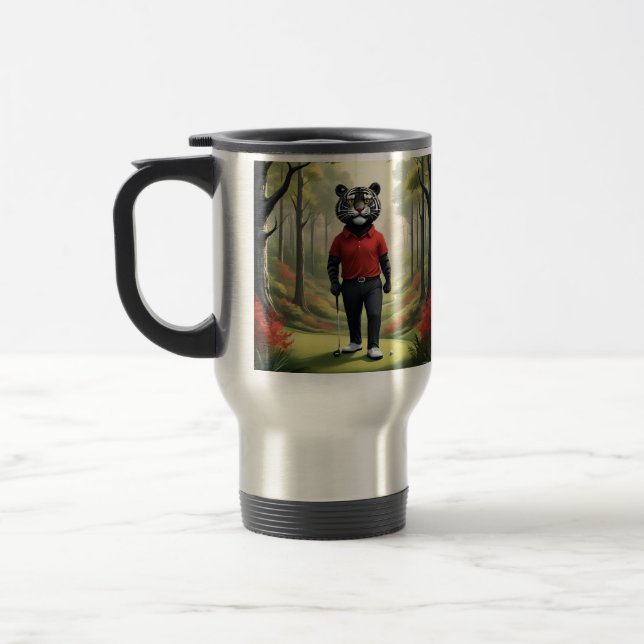 "Fore! A Black Tiger Playing Golf in the Woods" Travel Mug (Left)