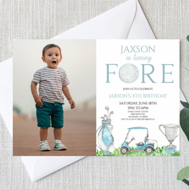 Fore Blue Golf Picture 4th Fourth Birthday Party Invitation (Creator Uploaded)