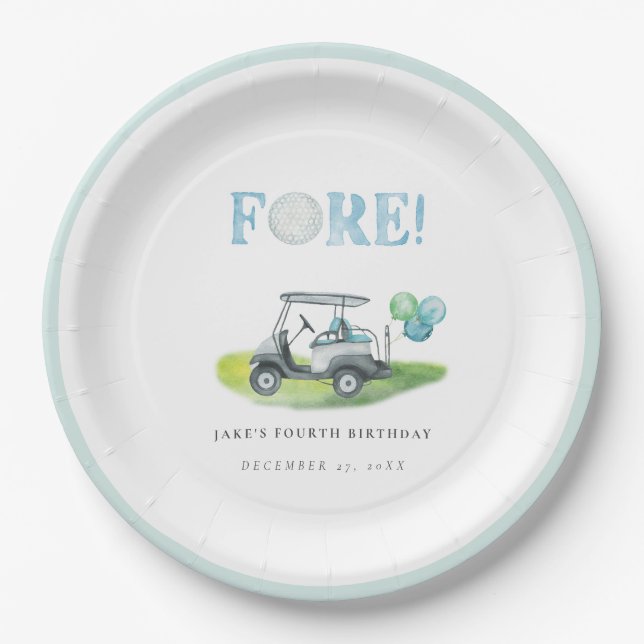 FORE Blue Mini Golf Birthday Paper Plates (Front)