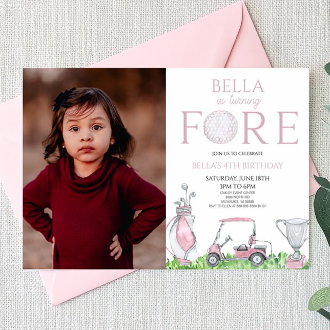 Fore Pink Golf Picture 4th Fourth Birthday Party Invitation (Creator Uploaded)