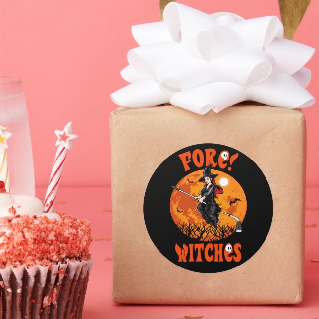Fore! Witches Golf Stick Witch Riding Halloween Classic Round Sticker (Party)