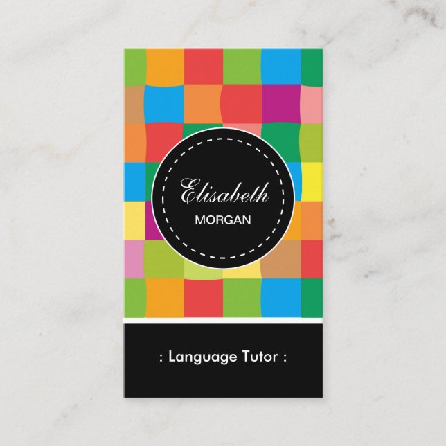 Foreign Language Tutor- Colourful Sqaure Pattern Business Card (Front)