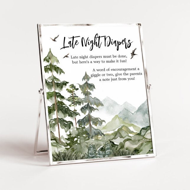 Forest Adventure Baby Shower Late Night Diapers Poster (Boy Woodland Baby Shower Late Night Diapers Sign)