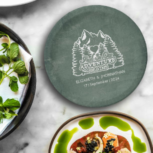 Forest Adventure Begins Quote Rustic Green Wedding Paper Plate