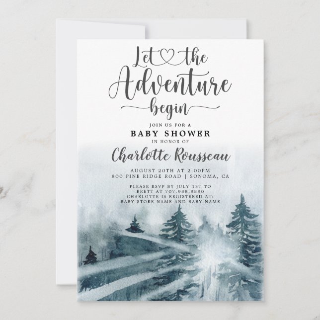 Forest Adventure Blue Green Watercolor Baby Shower Invitation (Front)