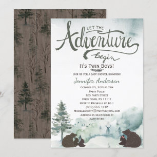 Forest Adventure Boy Country Twin Bears w/ Sister Invitation