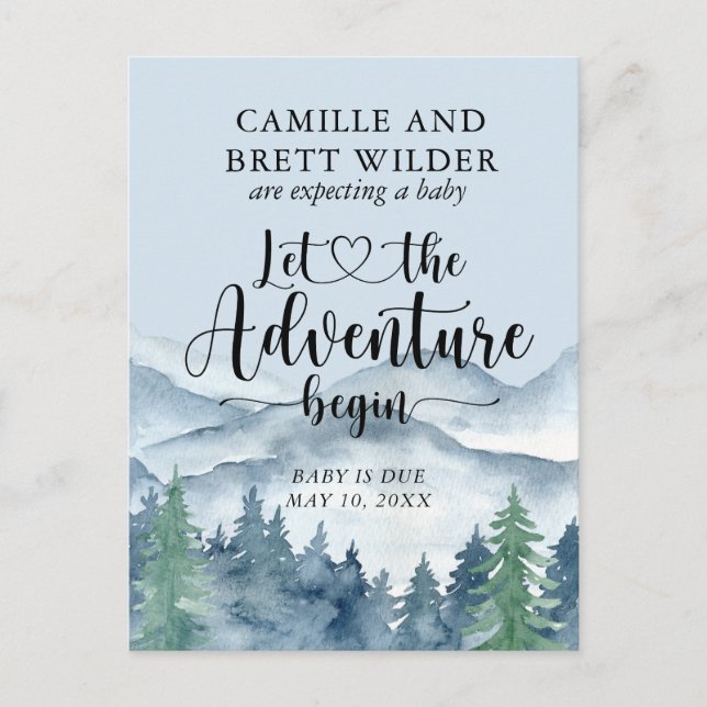 Forest Adventure Mountains Baby Blue Pregnancy Announcement Postcard (Front)