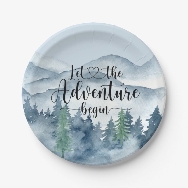 Forest Adventure Mountains Blue Baby Shower Paper Plate (Front)