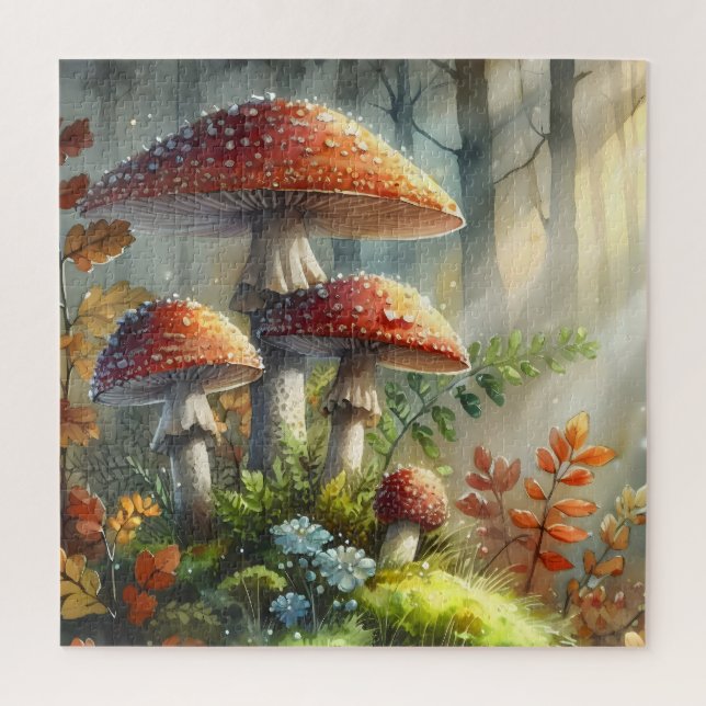 Forest Amanita Mushrooms Morning Light Foliage Jigsaw Puzzle (Vertical)